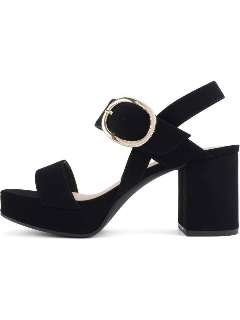Women's Black Nubuck Square Toe High Heel Dress Sandal With Buckle Strap